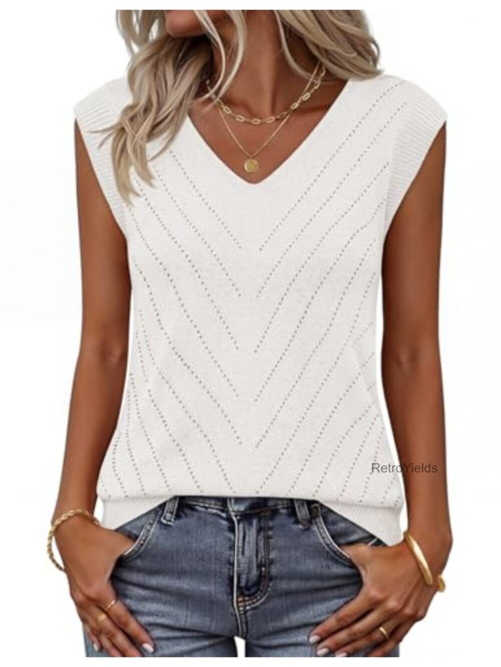 Lightweight Knit Sleeveless V-Neck Eyelet Sweater Vest Tank Top